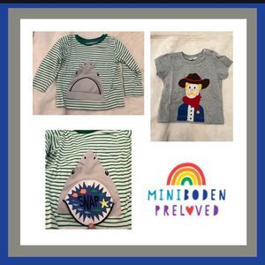 MiniBoden Set of 2 Short & Long Sleeve Tee Shirts Shark 6-12 mo. Cowboy 3-6 mo.